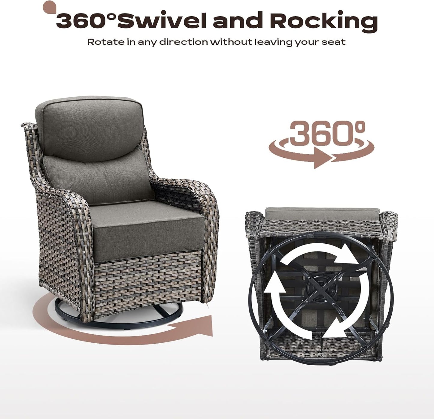 Rilyson Outdoor Patio Swivel Rocker Chairs Set of 2, Waterproof Wicker, High Back, Deep Seating, Wide Armrest, Upgraded 6 inch Thick Cushions, Ideal for Deck Porch Backyard, Mixed Grey-Grey