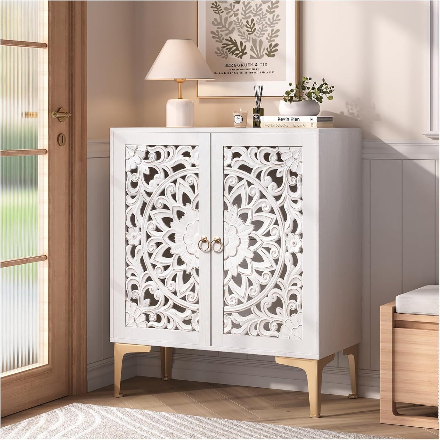 47" Tall Accent Cabinet with Doors and Shelves, Storage Cabinet with Solid Wood Legs for Living Room,Entryway,Dining Room,Bedroom,Blue