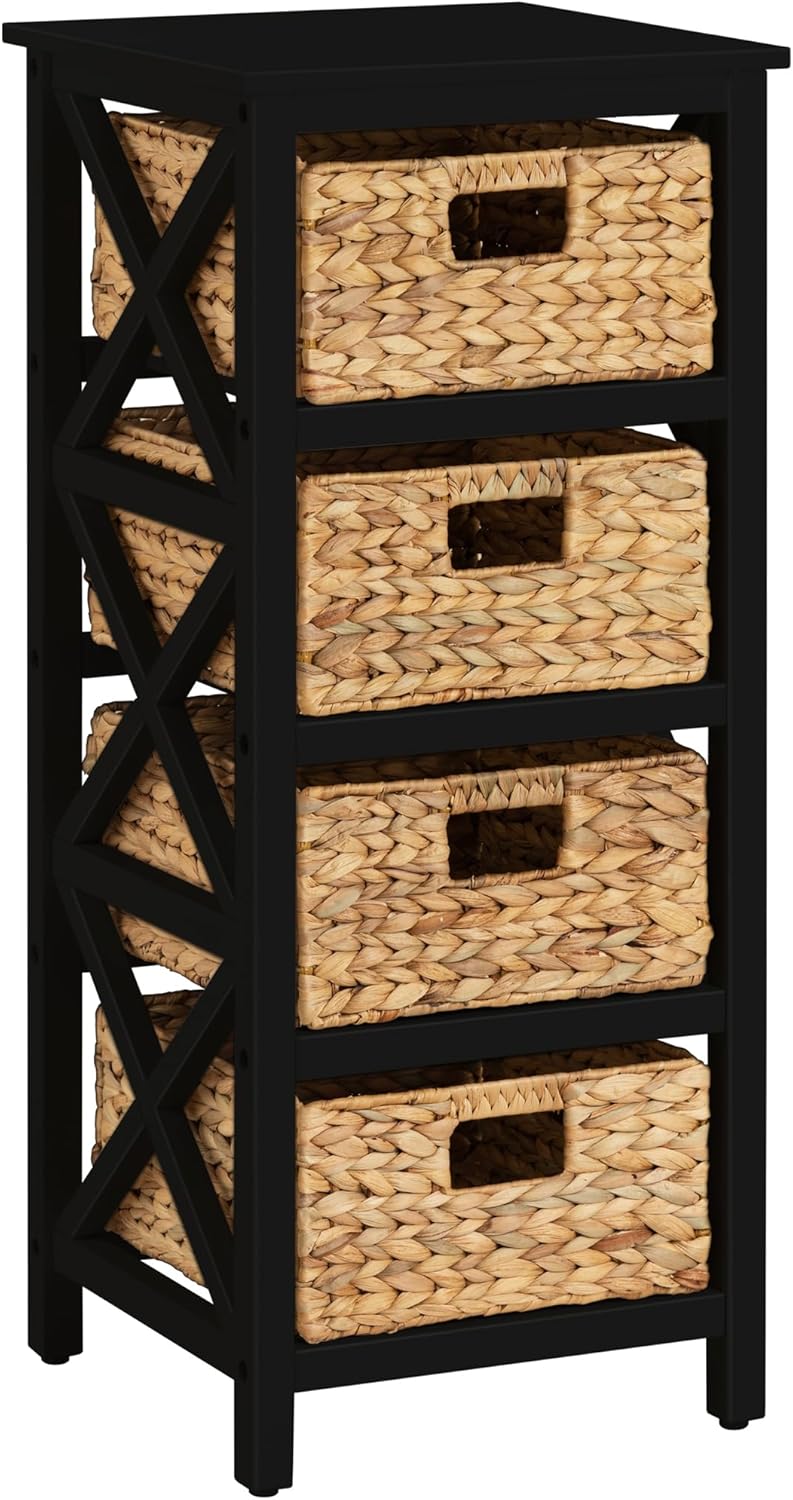 eHemco 3 Tier X-Side End Storage Cabinet with 6 Wicker Baskets, Walnut