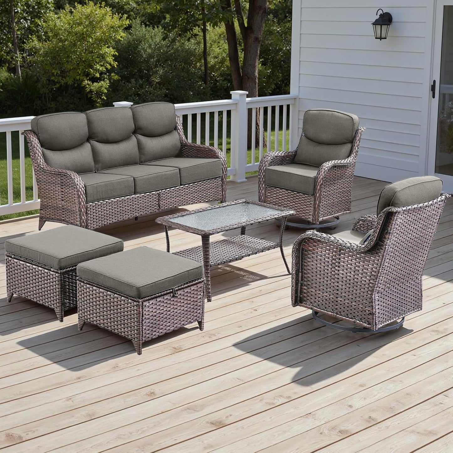 Rilyson Outdoor Patio Swivel Rocker Chairs Set of 2, Waterproof Wicker, High Back, Deep Seating, Wide Armrest, Upgraded 6 inch Thick Cushions, Ideal for Deck Porch Backyard, Mixed Grey-Grey