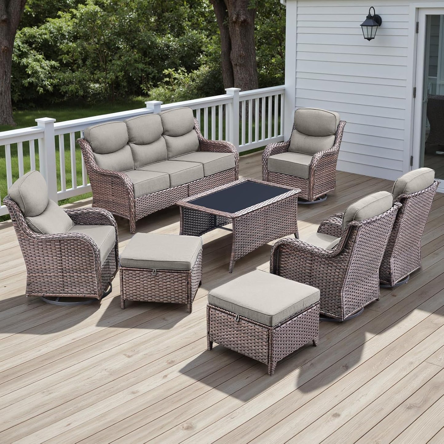 Rilyson Outdoor Patio Swivel Rocker Chairs Set of 2, Waterproof Wicker, High Back, Deep Seating, Wide Armrest, Upgraded 6 inch Thick Cushions, Ideal for Deck Porch Backyard, Mixed Grey-Grey