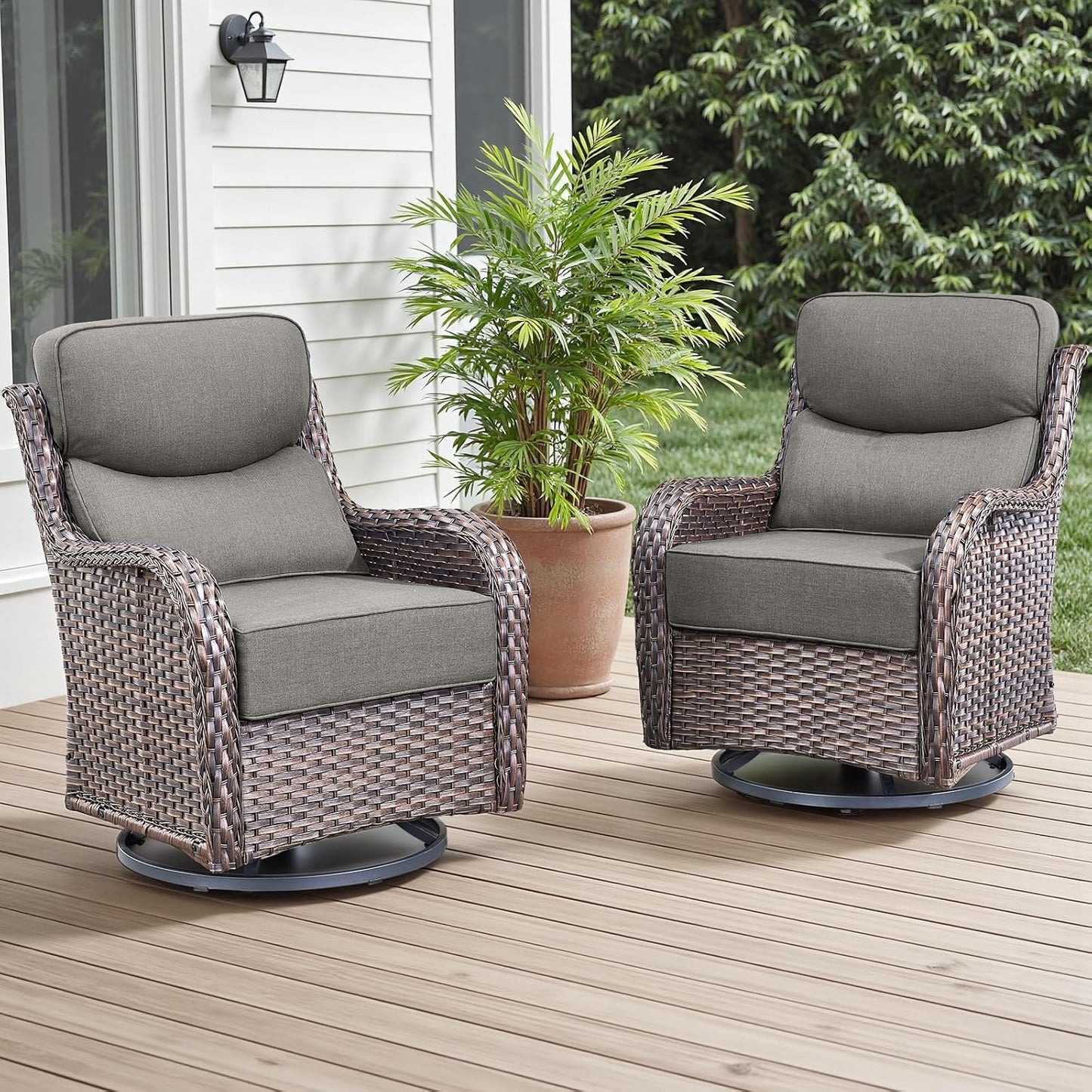 Rilyson Outdoor Patio Swivel Rocker Chairs Set of 2, Waterproof Wicker, High Back, Deep Seating, Wide Armrest, Upgraded 6 inch Thick Cushions, Ideal for Deck Porch Backyard, Mixed Grey-Grey
