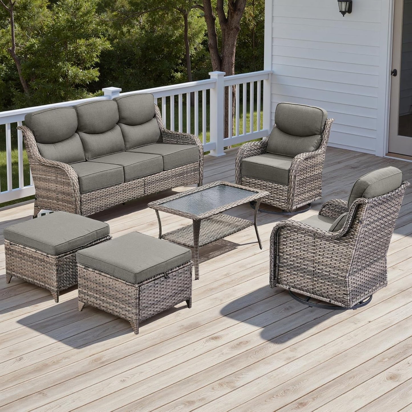 Rilyson Outdoor Patio Swivel Rocker Chairs Set of 2, Waterproof Wicker, High Back, Deep Seating, Wide Armrest, Upgraded 6 inch Thick Cushions, Ideal for Deck Porch Backyard, Mixed Grey-Grey