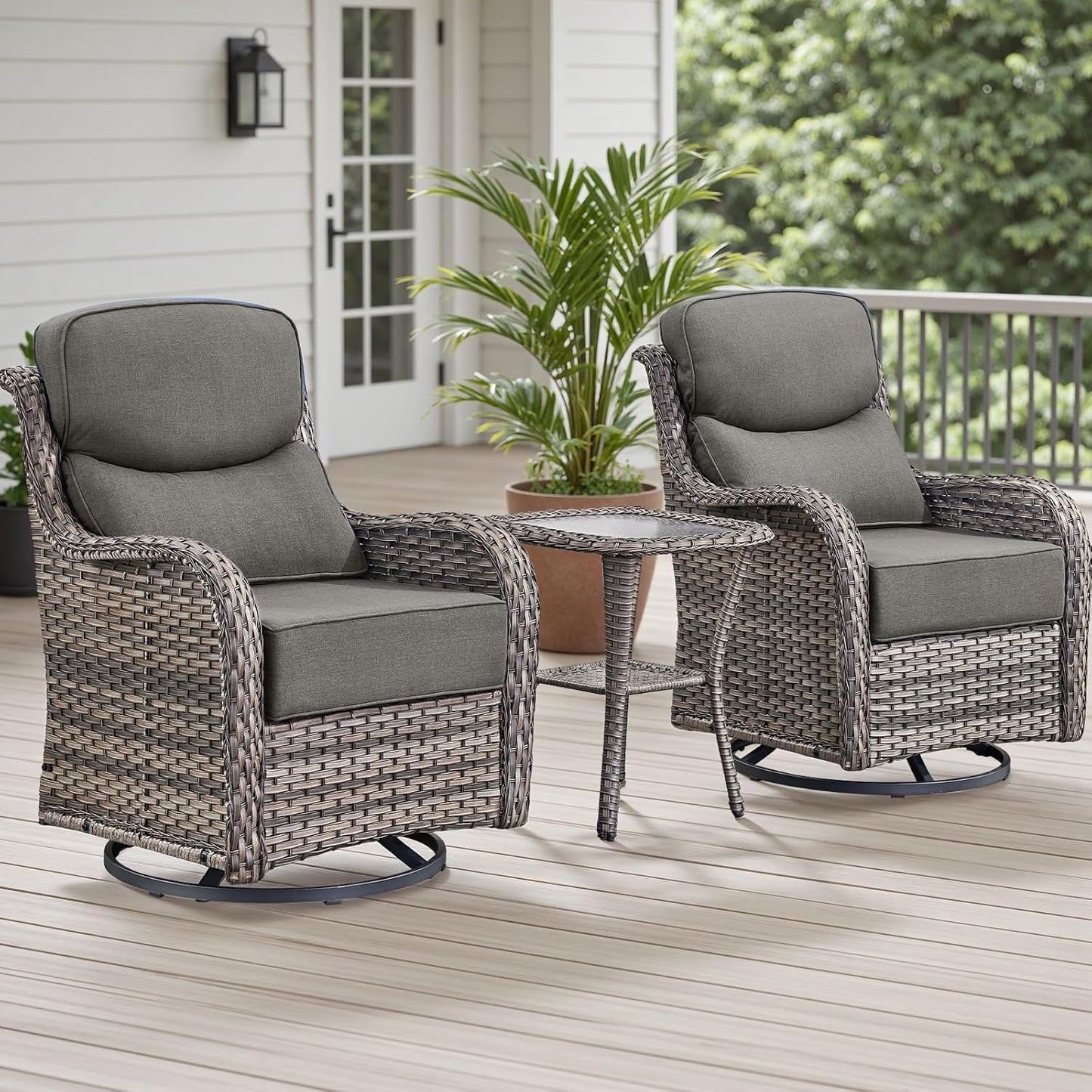 Rilyson Outdoor Patio Swivel Rocker Chairs Set of 2, Waterproof Wicker, High Back, Deep Seating, Wide Armrest, Upgraded 6 inch Thick Cushions, Ideal for Deck Porch Backyard, Mixed Grey-Grey