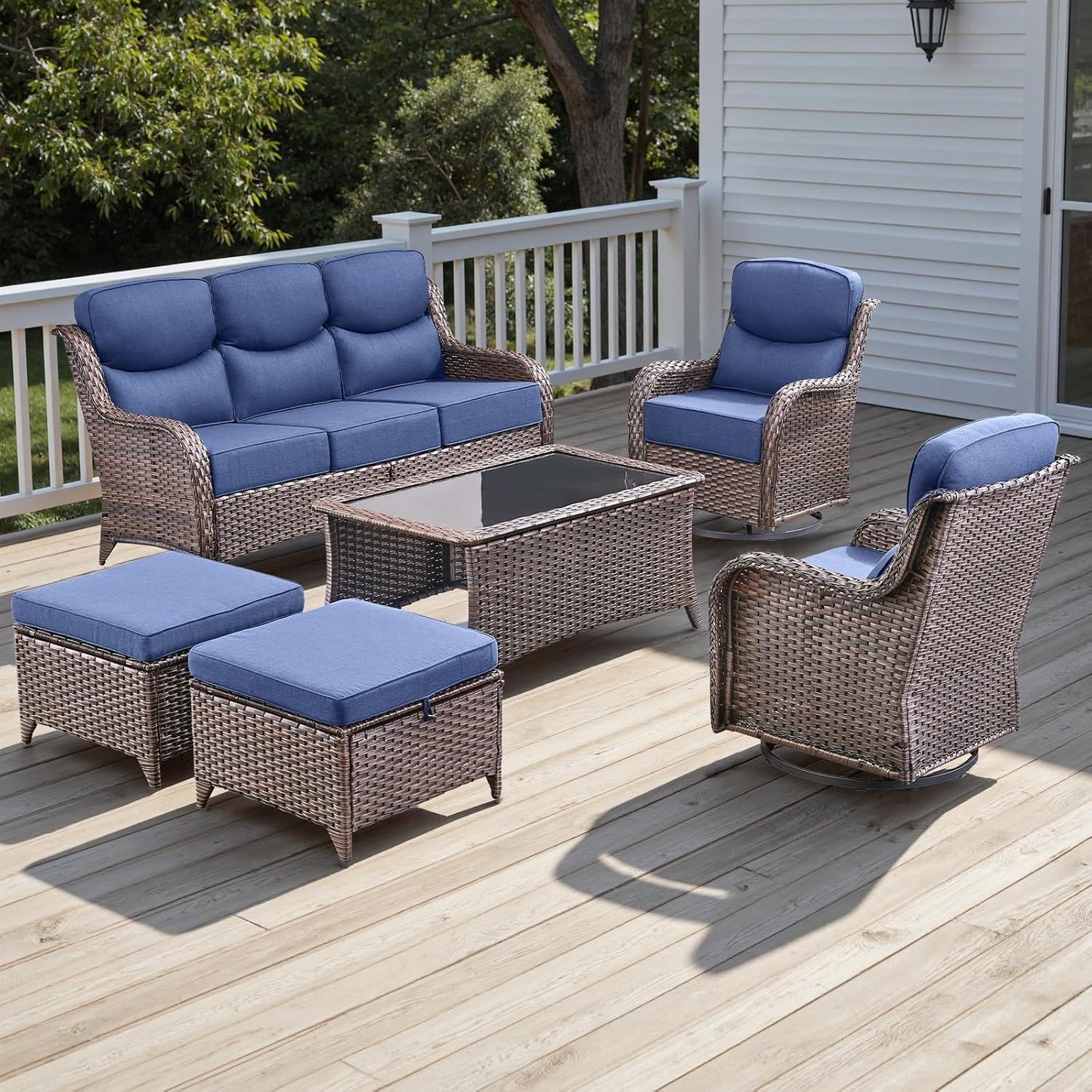 Rilyson Outdoor Patio Swivel Rocker Chairs Set of 2, Waterproof Wicker, High Back, Deep Seating, Wide Armrest, Upgraded 6 inch Thick Cushions, Ideal for Deck Porch Backyard, Mixed Grey-Grey
