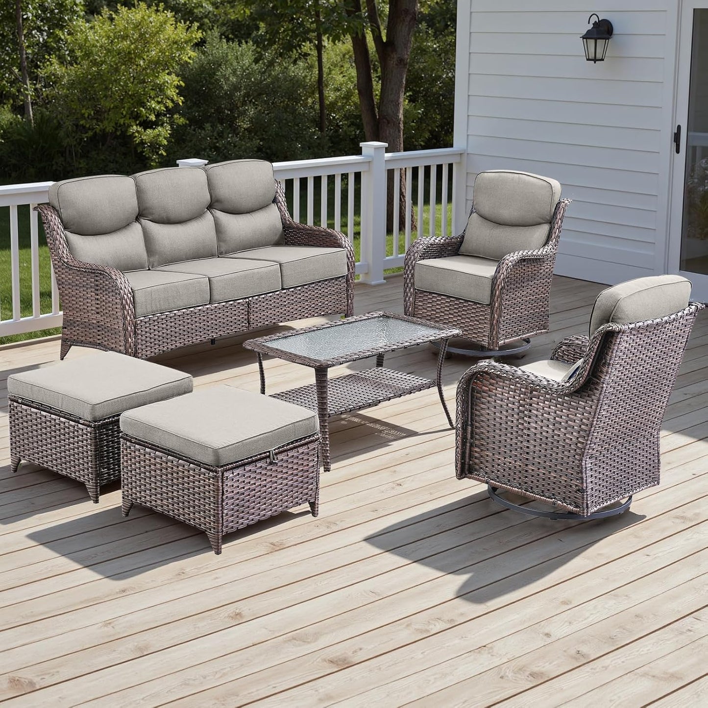 Rilyson Outdoor Patio Swivel Rocker Chairs Set of 2, Waterproof Wicker, High Back, Deep Seating, Wide Armrest, Upgraded 6 inch Thick Cushions, Ideal for Deck Porch Backyard, Mixed Grey-Grey