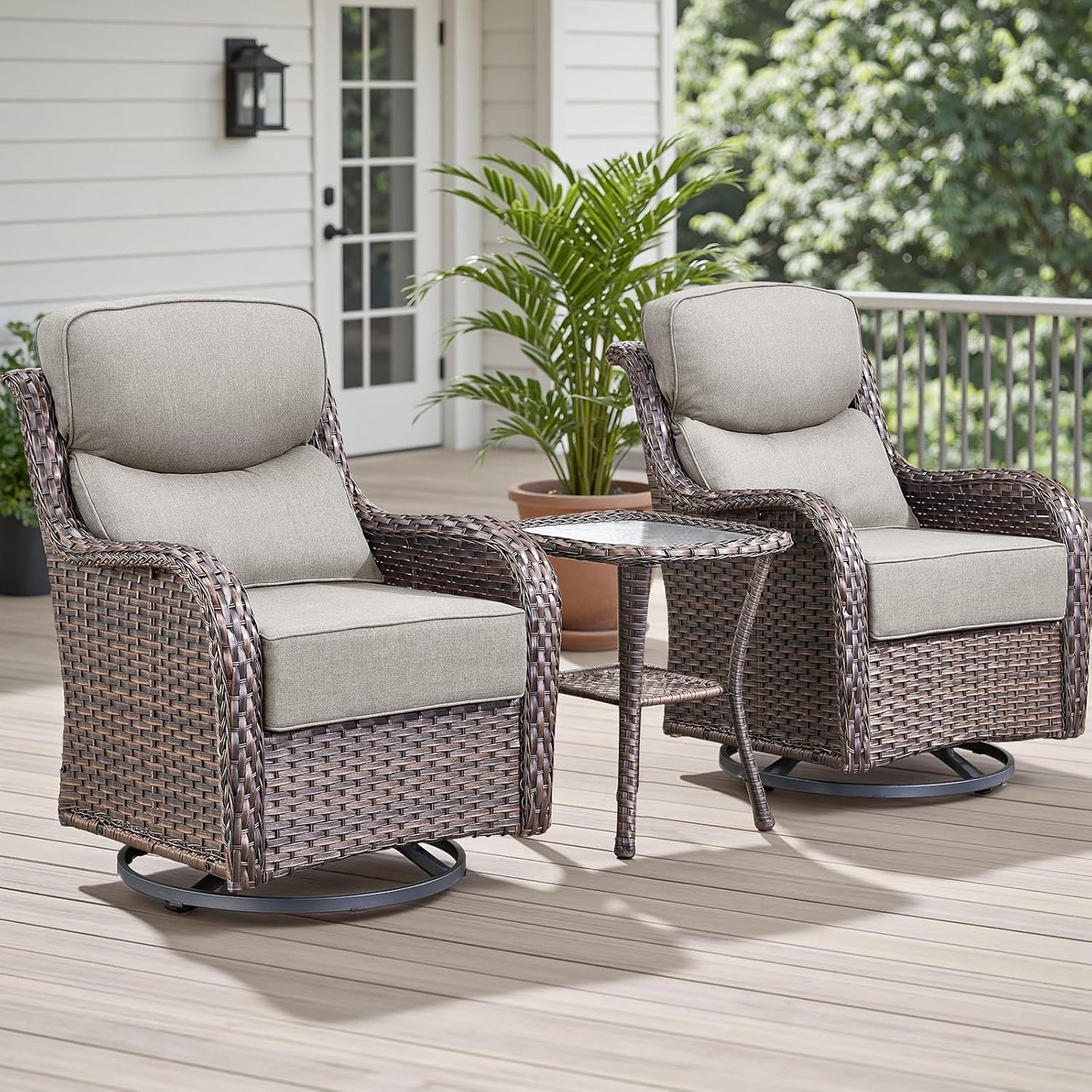 Rilyson Outdoor Patio Swivel Rocker Chairs Set of 2, Waterproof Wicker, High Back, Deep Seating, Wide Armrest, Upgraded 6 inch Thick Cushions, Ideal for Deck Porch Backyard, Mixed Grey-Grey