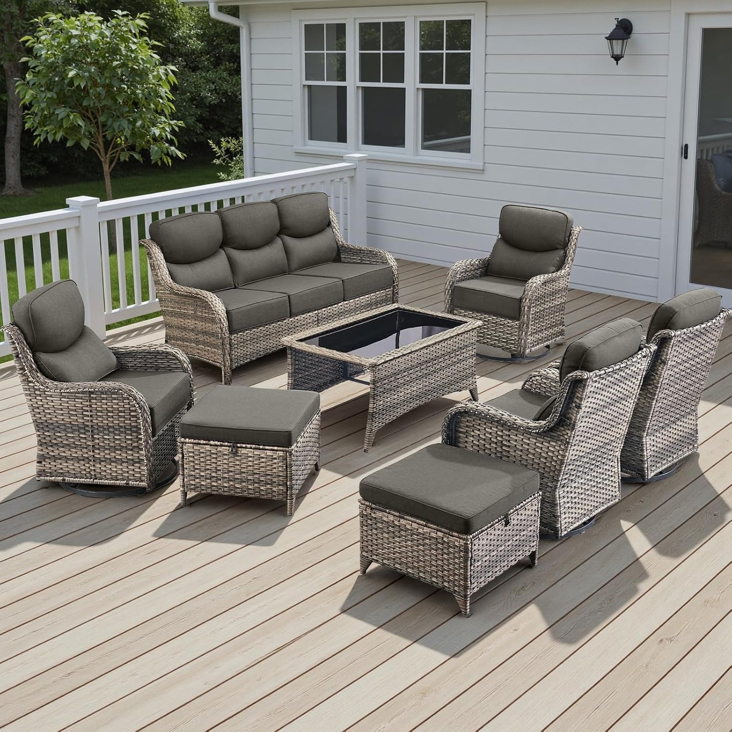 Rilyson Outdoor Patio Swivel Rocker Chairs Set of 2, Waterproof Wicker, High Back, Deep Seating, Wide Armrest, Upgraded 6 inch Thick Cushions, Ideal for Deck Porch Backyard, Mixed Grey-Grey