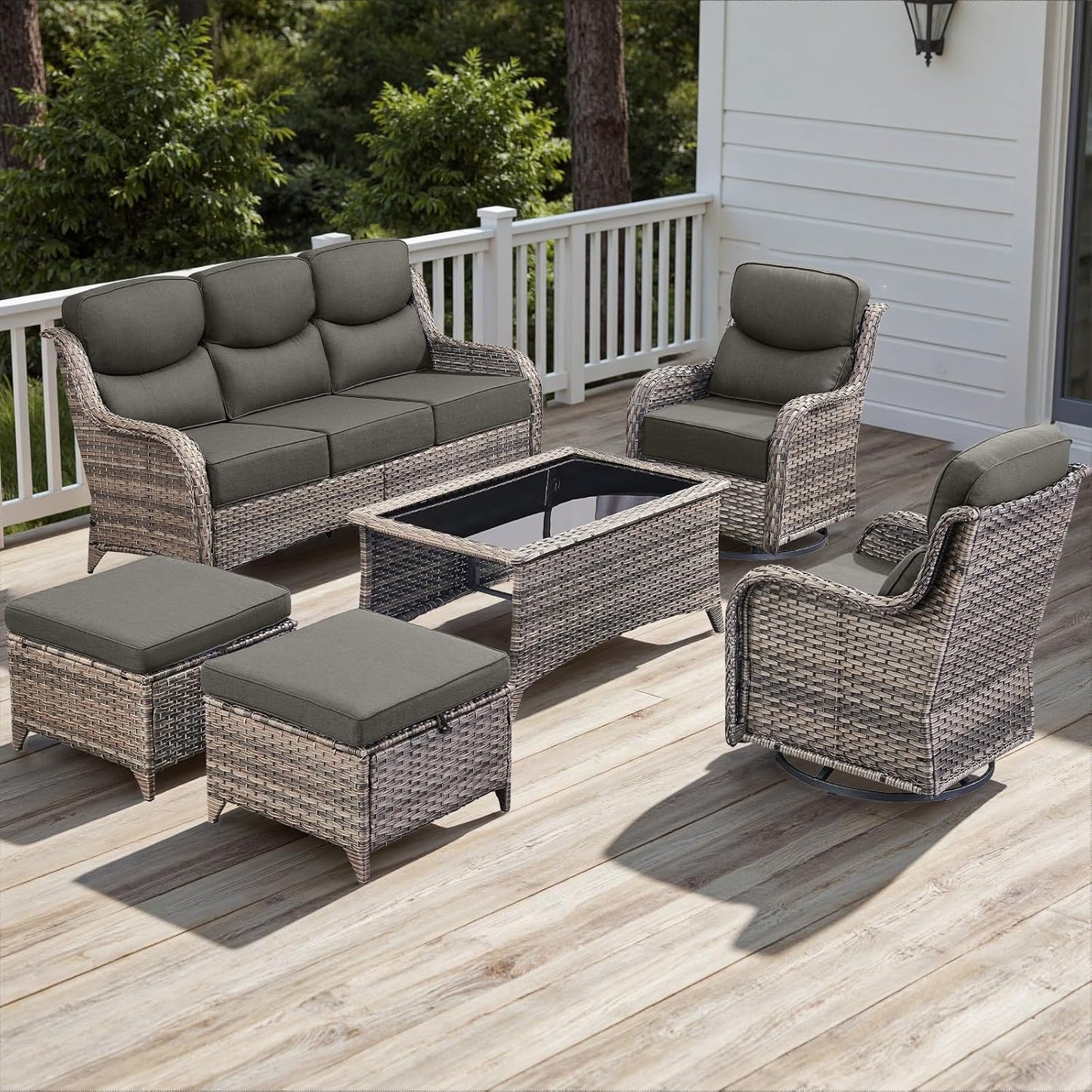 Rilyson Outdoor Patio Swivel Rocker Chairs Set of 2, Waterproof Wicker, High Back, Deep Seating, Wide Armrest, Upgraded 6 inch Thick Cushions, Ideal for Deck Porch Backyard, Mixed Grey-Grey