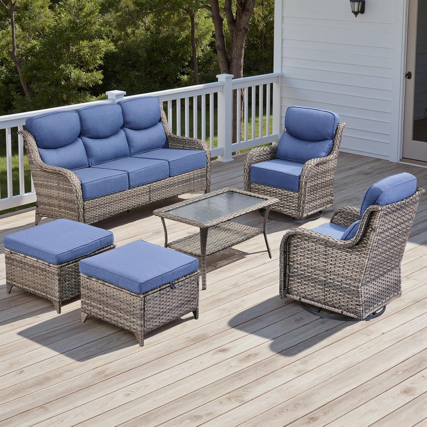 Rilyson Outdoor Patio Swivel Rocker Chairs Set of 2, Waterproof Wicker, High Back, Deep Seating, Wide Armrest, Upgraded 6 inch Thick Cushions, Ideal for Deck Porch Backyard, Mixed Grey-Grey