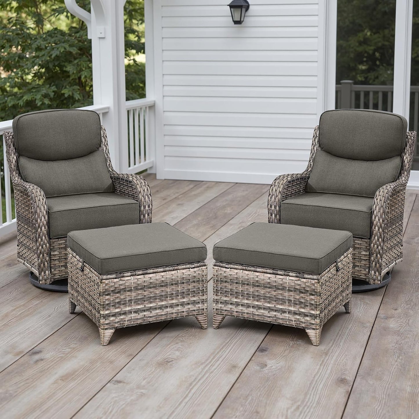 Rilyson Outdoor Patio Swivel Rocker Chairs Set of 2, Waterproof Wicker, High Back, Deep Seating, Wide Armrest, Upgraded 6 inch Thick Cushions, Ideal for Deck Porch Backyard, Mixed Grey-Grey