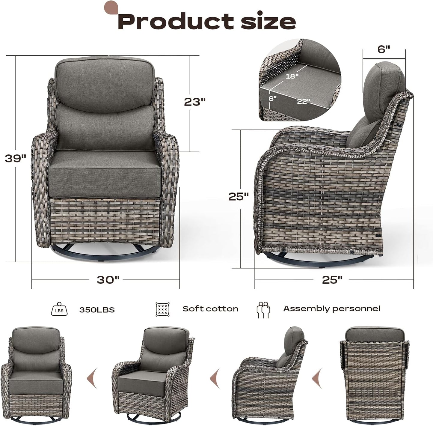 Rilyson Outdoor Patio Swivel Rocker Chairs Set of 2, Waterproof Wicker, High Back, Deep Seating, Wide Armrest, Upgraded 6 inch Thick Cushions, Ideal for Deck Porch Backyard, Mixed Grey-Grey