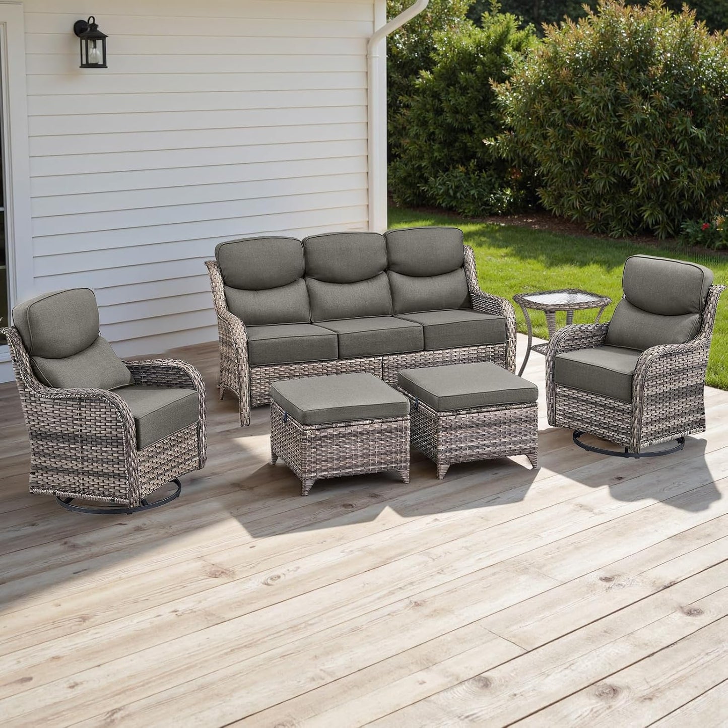 Rilyson Outdoor Patio Swivel Rocker Chairs Set of 2, Waterproof Wicker, High Back, Deep Seating, Wide Armrest, Upgraded 6 inch Thick Cushions, Ideal for Deck Porch Backyard, Mixed Grey-Grey