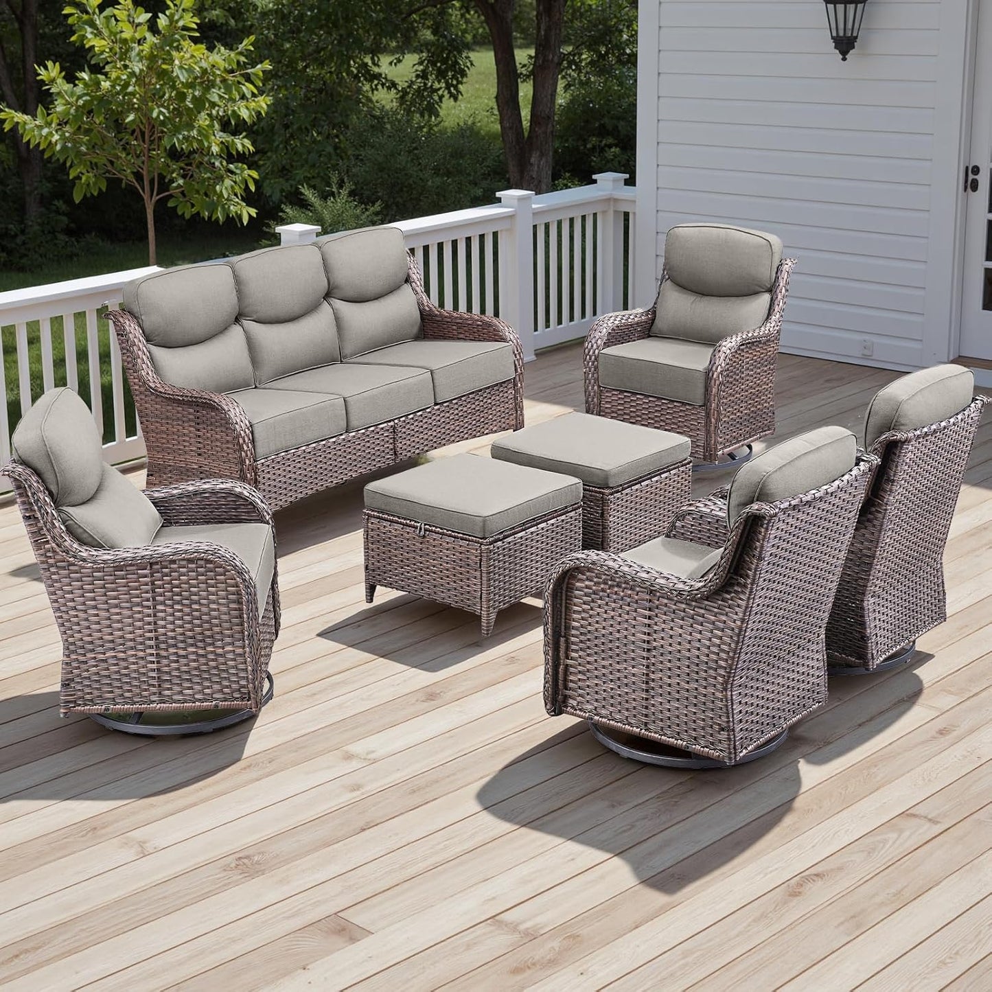 Rilyson Outdoor Patio Swivel Rocker Chairs Set of 2, Waterproof Wicker, High Back, Deep Seating, Wide Armrest, Upgraded 6 inch Thick Cushions, Ideal for Deck Porch Backyard, Mixed Grey-Grey