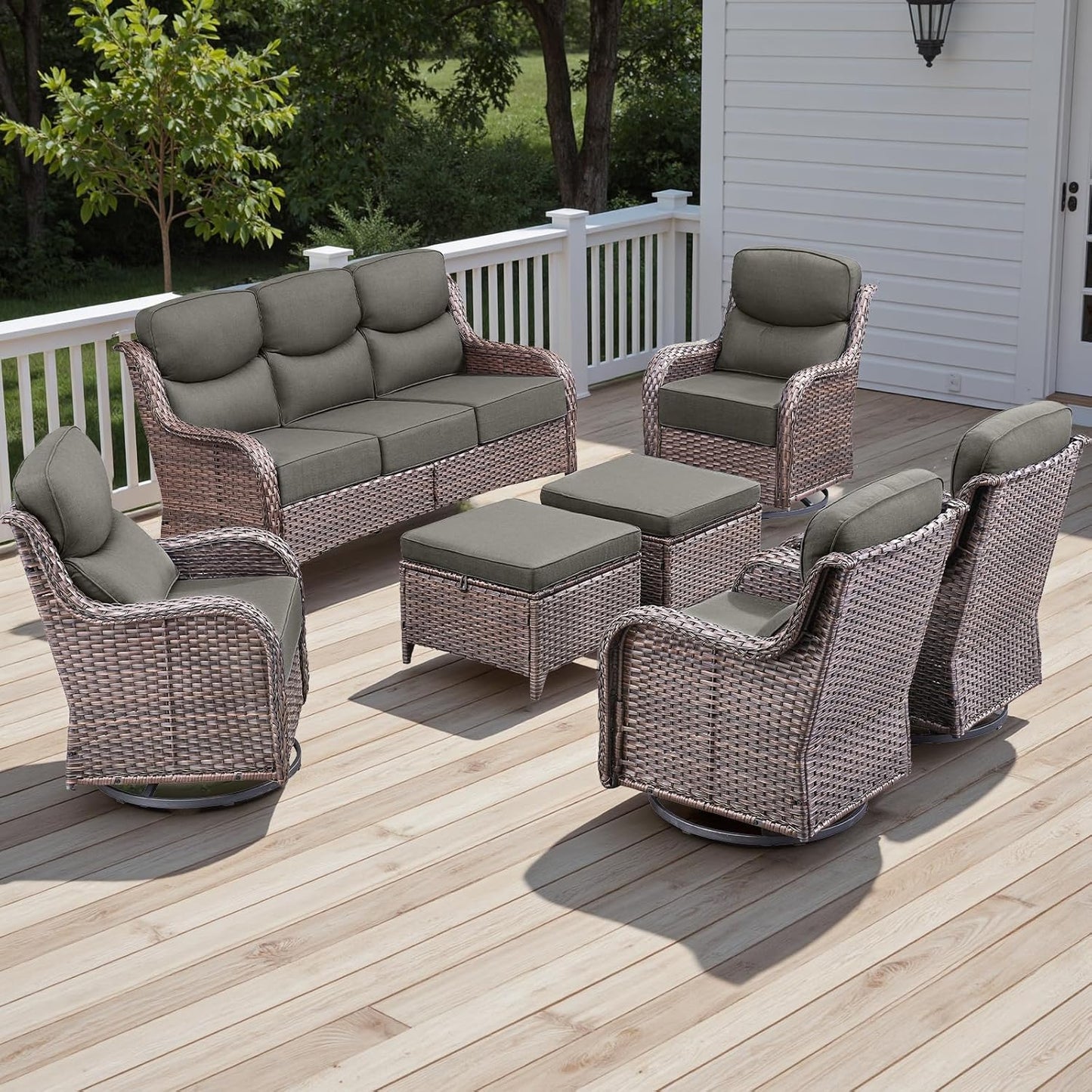 Rilyson Outdoor Patio Swivel Rocker Chairs Set of 2, Waterproof Wicker, High Back, Deep Seating, Wide Armrest, Upgraded 6 inch Thick Cushions, Ideal for Deck Porch Backyard, Mixed Grey-Grey