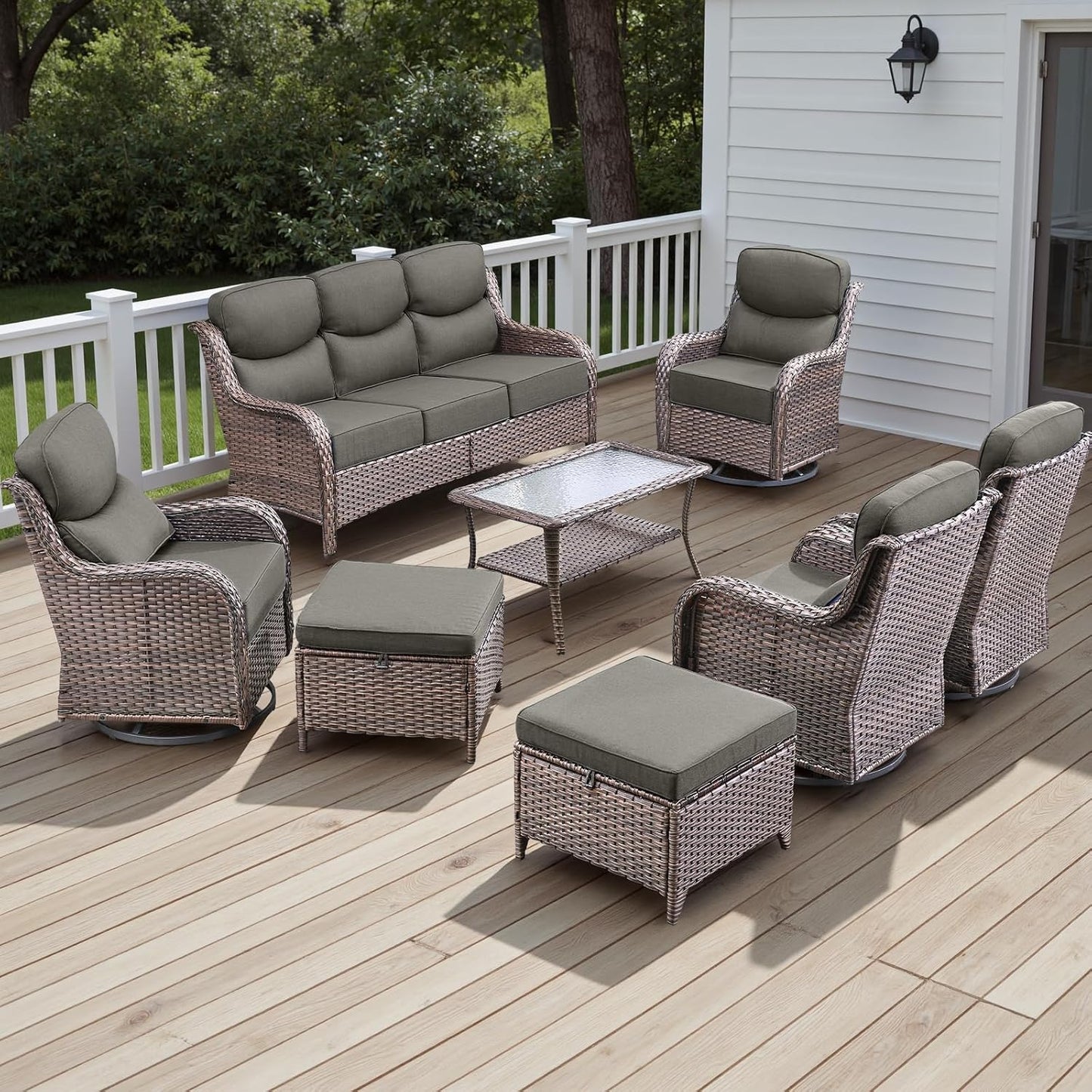 Rilyson Outdoor Patio Swivel Rocker Chairs Set of 2, Waterproof Wicker, High Back, Deep Seating, Wide Armrest, Upgraded 6 inch Thick Cushions, Ideal for Deck Porch Backyard, Mixed Grey-Grey