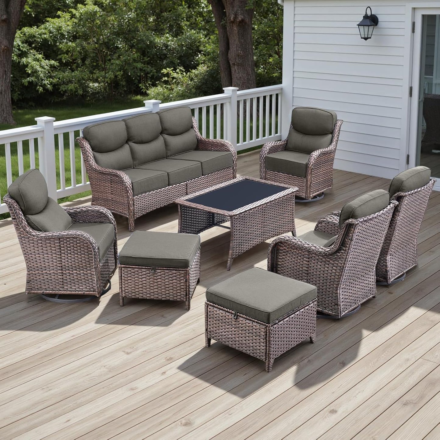 Rilyson Outdoor Patio Swivel Rocker Chairs Set of 2, Waterproof Wicker, High Back, Deep Seating, Wide Armrest, Upgraded 6 inch Thick Cushions, Ideal for Deck Porch Backyard, Mixed Grey-Grey