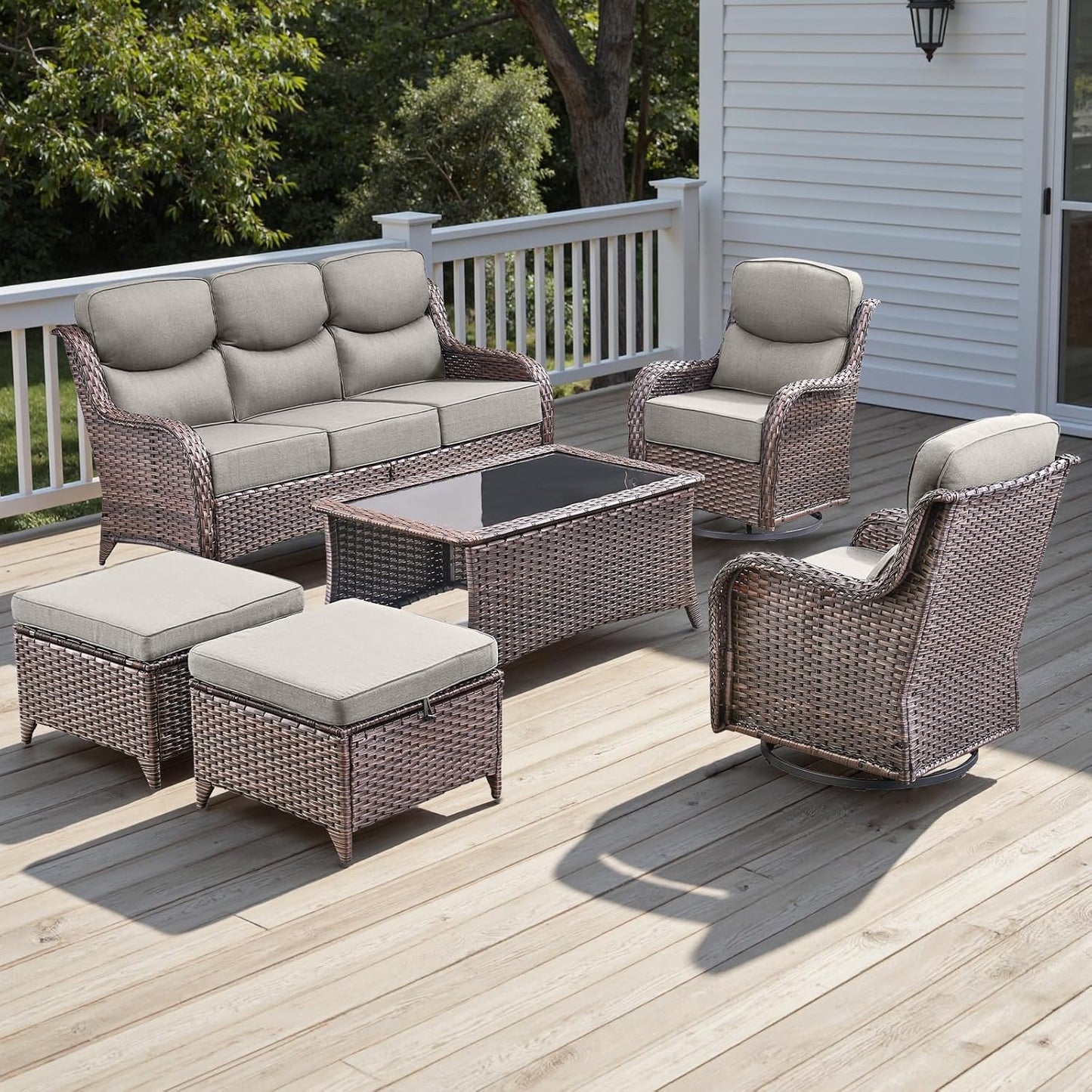 Rilyson Outdoor Patio Swivel Rocker Chairs Set of 2, Waterproof Wicker, High Back, Deep Seating, Wide Armrest, Upgraded 6 inch Thick Cushions, Ideal for Deck Porch Backyard, Mixed Grey-Grey