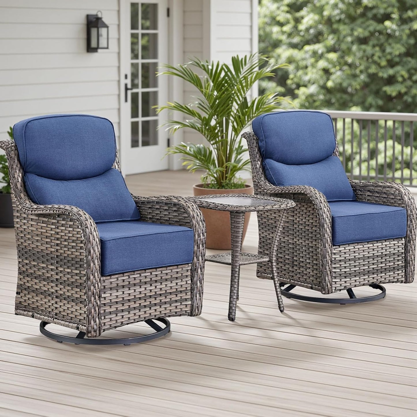 Rilyson Outdoor Patio Swivel Rocker Chairs Set of 2, Waterproof Wicker, High Back, Deep Seating, Wide Armrest, Upgraded 6 inch Thick Cushions, Ideal for Deck Porch Backyard, Mixed Grey-Grey