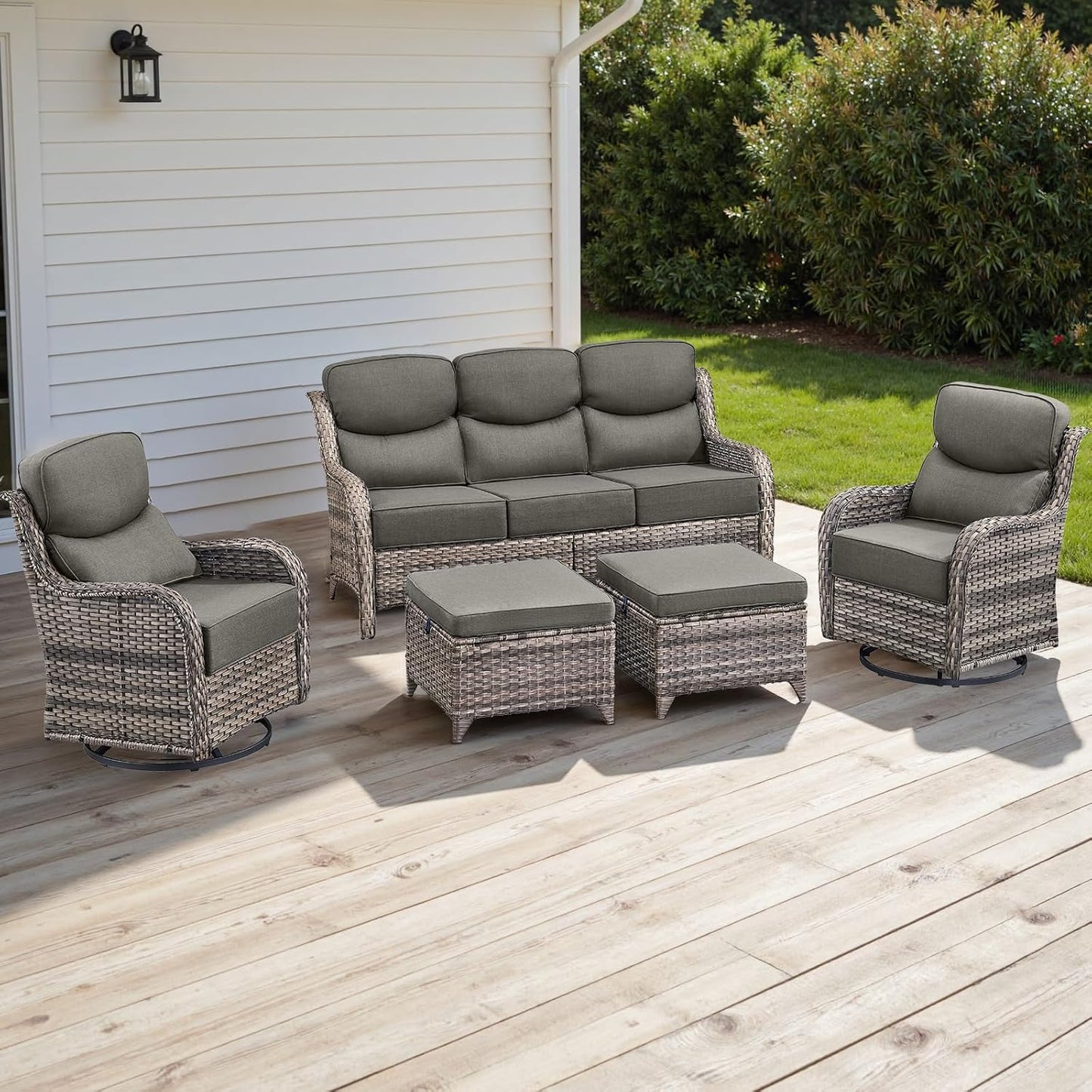 Rilyson Outdoor Patio Swivel Rocker Chairs Set of 2, Waterproof Wicker, High Back, Deep Seating, Wide Armrest, Upgraded 6 inch Thick Cushions, Ideal for Deck Porch Backyard, Mixed Grey-Grey