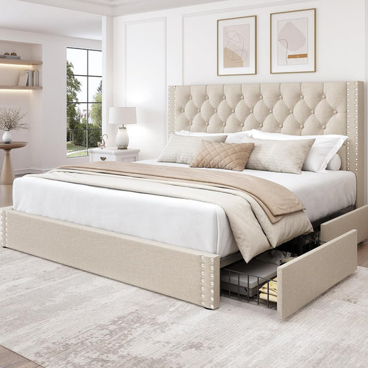 LARMACE King Size Bed Frame with 4 Storage Drawers and Tufted Headboard Linen Upholstered Platform Bed Frame with Heavy Duty Wood Slats, No Box Spring Needed, Easy Assembly, Beige