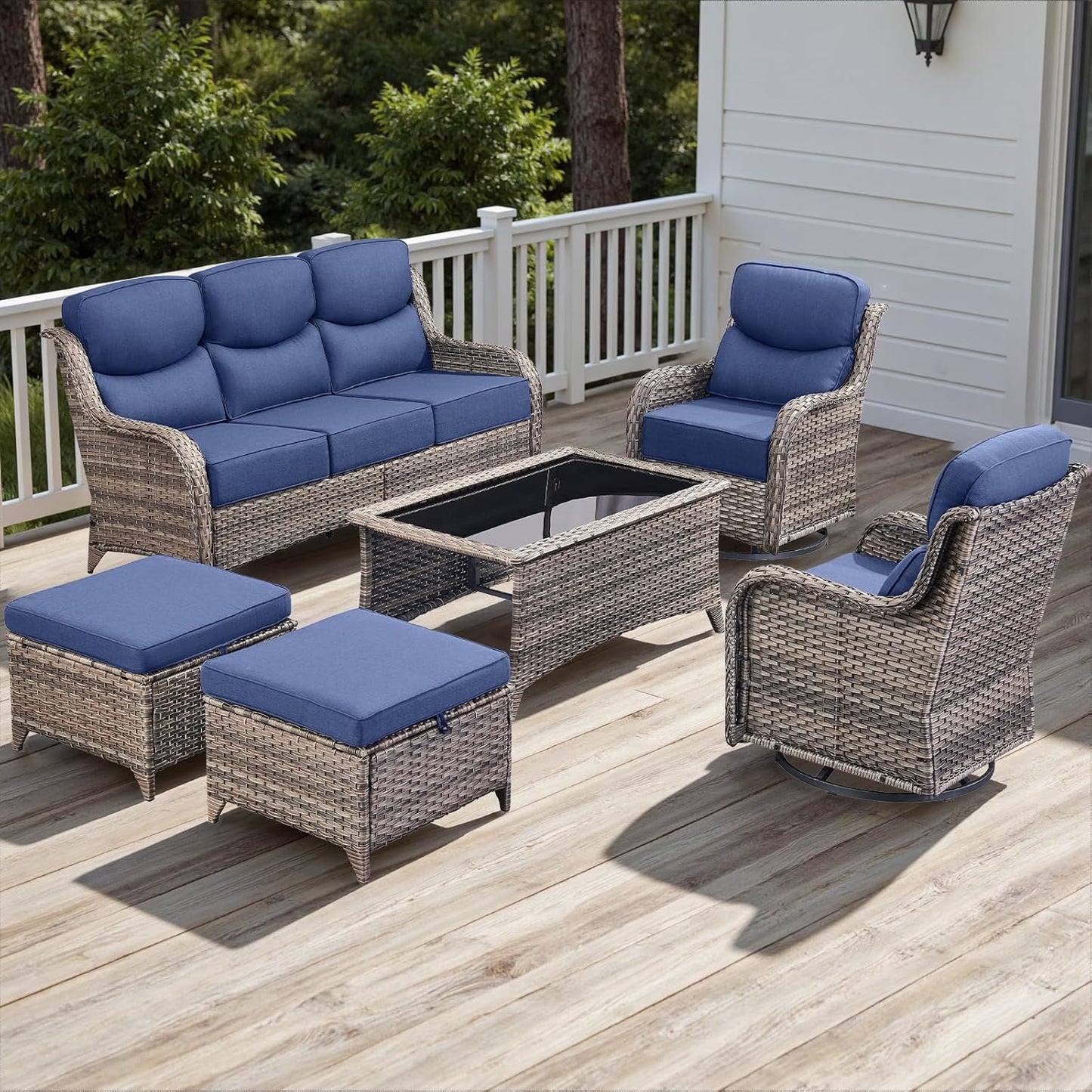 Rilyson Outdoor Patio Swivel Rocker Chairs Set of 2, Waterproof Wicker, High Back, Deep Seating, Wide Armrest, Upgraded 6 inch Thick Cushions, Ideal for Deck Porch Backyard, Mixed Grey-Grey