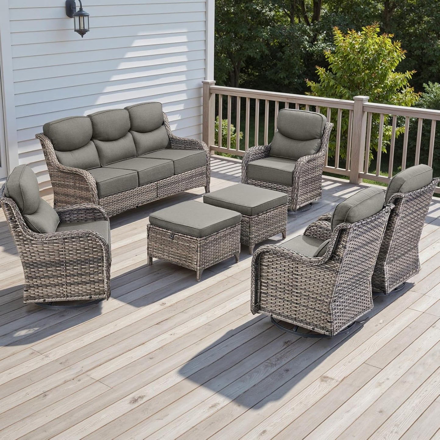 Rilyson Outdoor Patio Swivel Rocker Chairs Set of 2, Waterproof Wicker, High Back, Deep Seating, Wide Armrest, Upgraded 6 inch Thick Cushions, Ideal for Deck Porch Backyard, Mixed Grey-Grey