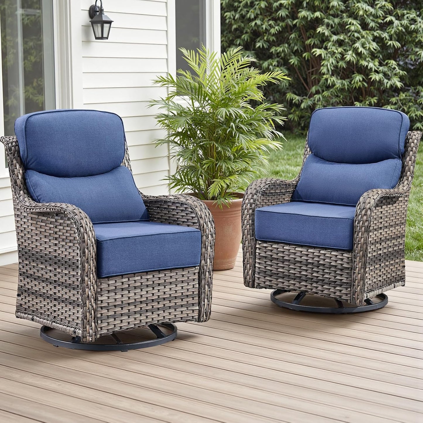 Rilyson Outdoor Patio Swivel Rocker Chairs Set of 2, Waterproof Wicker, High Back, Deep Seating, Wide Armrest, Upgraded 6 inch Thick Cushions, Ideal for Deck Porch Backyard, Mixed Grey-Grey