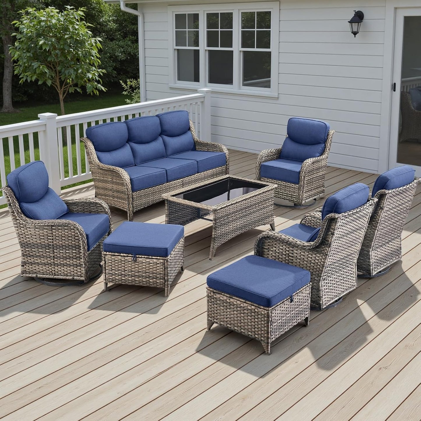 Rilyson Outdoor Patio Swivel Rocker Chairs Set of 2, Waterproof Wicker, High Back, Deep Seating, Wide Armrest, Upgraded 6 inch Thick Cushions, Ideal for Deck Porch Backyard, Mixed Grey-Grey