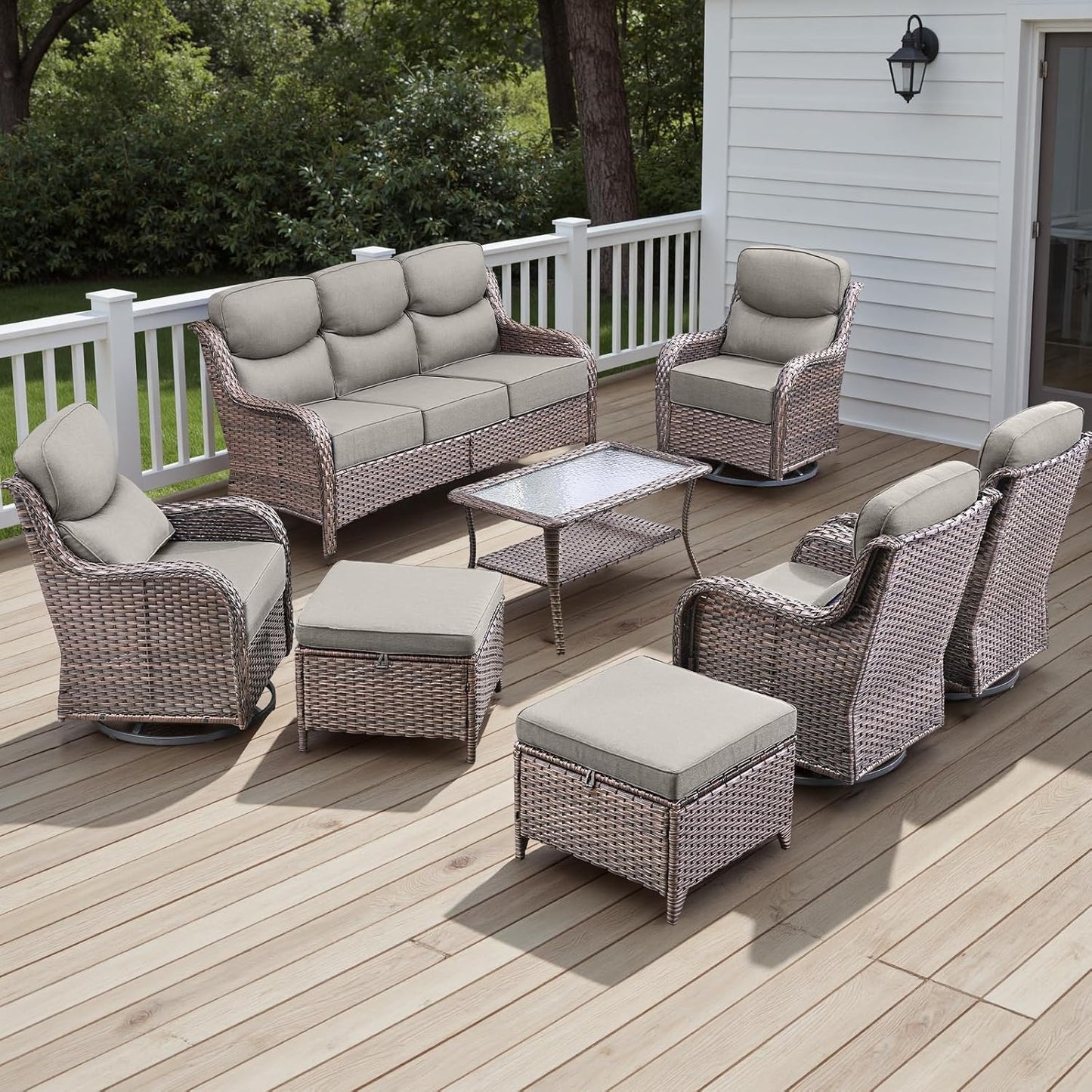 Rilyson Outdoor Patio Swivel Rocker Chairs Set of 2, Waterproof Wicker, High Back, Deep Seating, Wide Armrest, Upgraded 6 inch Thick Cushions, Ideal for Deck Porch Backyard, Mixed Grey-Grey