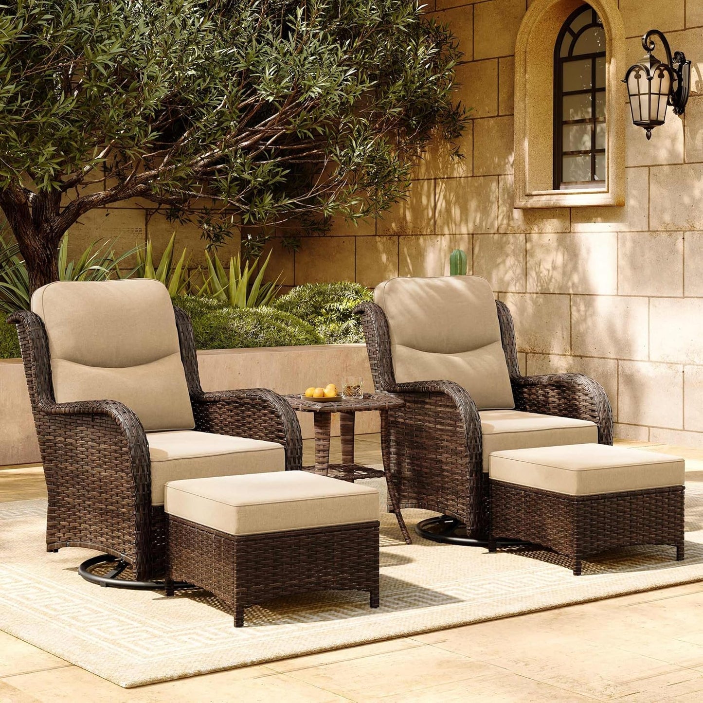 HILLGA Luxury Patio Furniture Set with 6-inch Thick Cushion, Outdoor Sectional Sofa and High Back Swivel Rocker Patio Chairs, 7PCS Wicker Conversation Set for Deck Yard and Pool, Blue (V2)