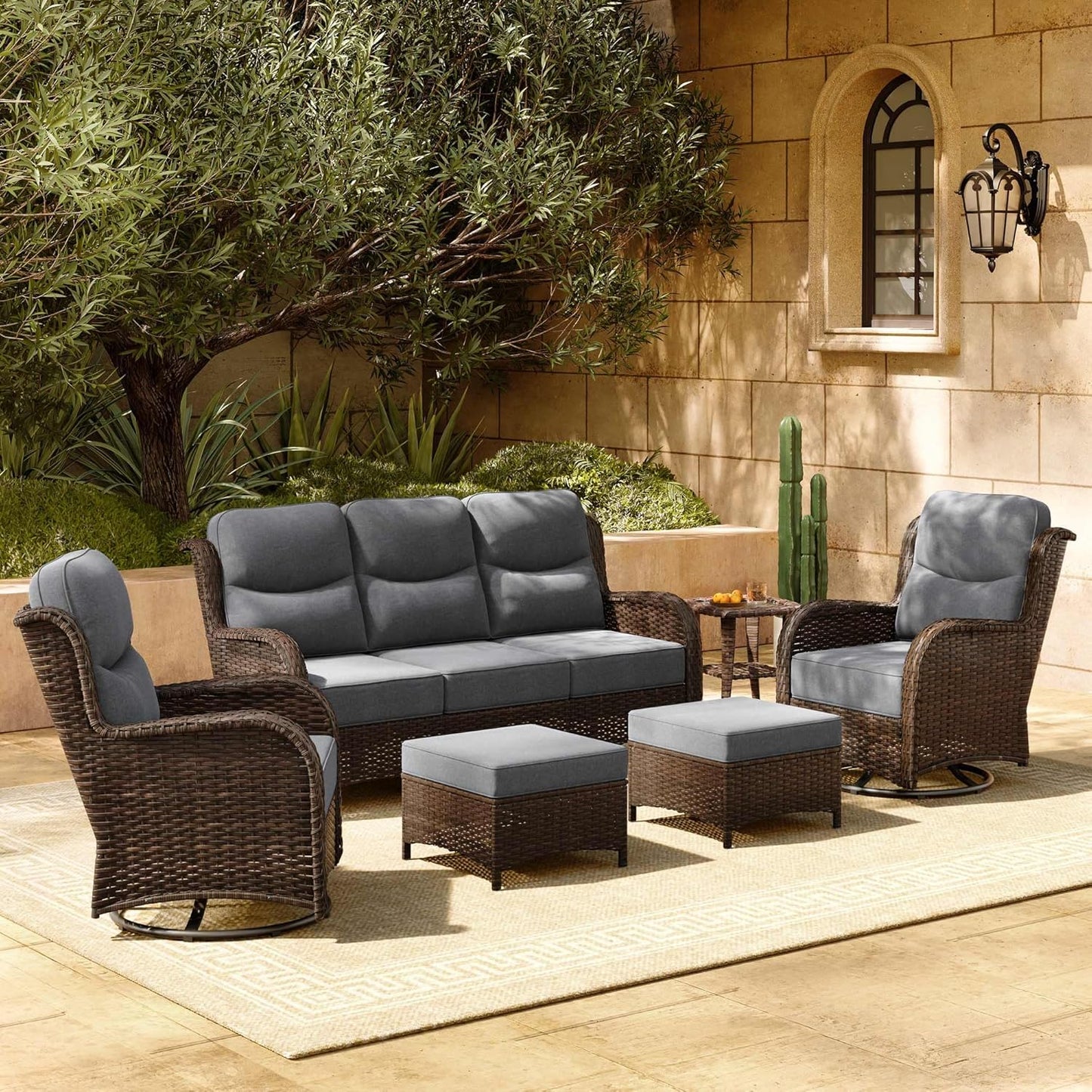 HILLGA Luxury Patio Furniture Set with 6-inch Thick Cushion, Outdoor Sectional Sofa and High Back Swivel Rocker Patio Chairs, 7PCS Wicker Conversation Set for Deck Yard and Pool, Blue (V2)