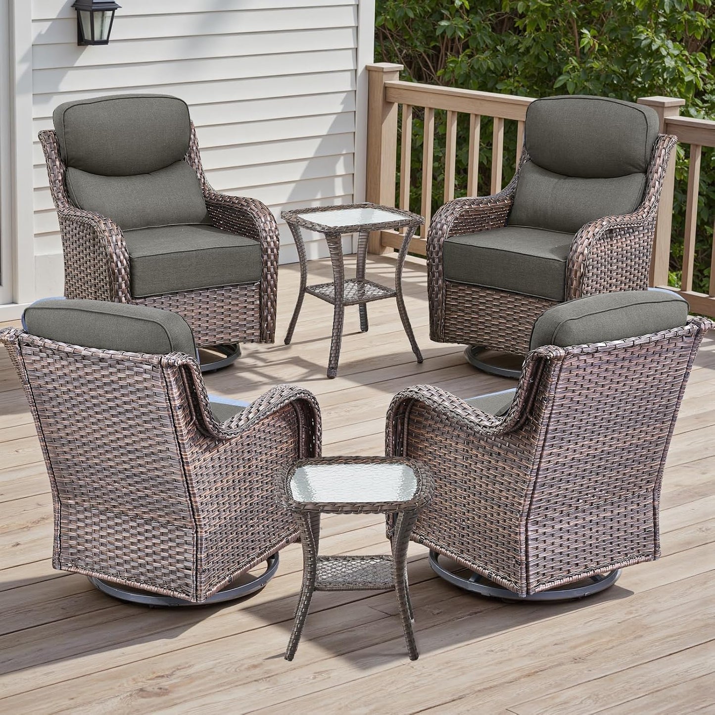 Rilyson Outdoor Patio Swivel Rocker Chairs Set of 2, Waterproof Wicker, High Back, Deep Seating, Wide Armrest, Upgraded 6 inch Thick Cushions, Ideal for Deck Porch Backyard, Mixed Grey-Grey