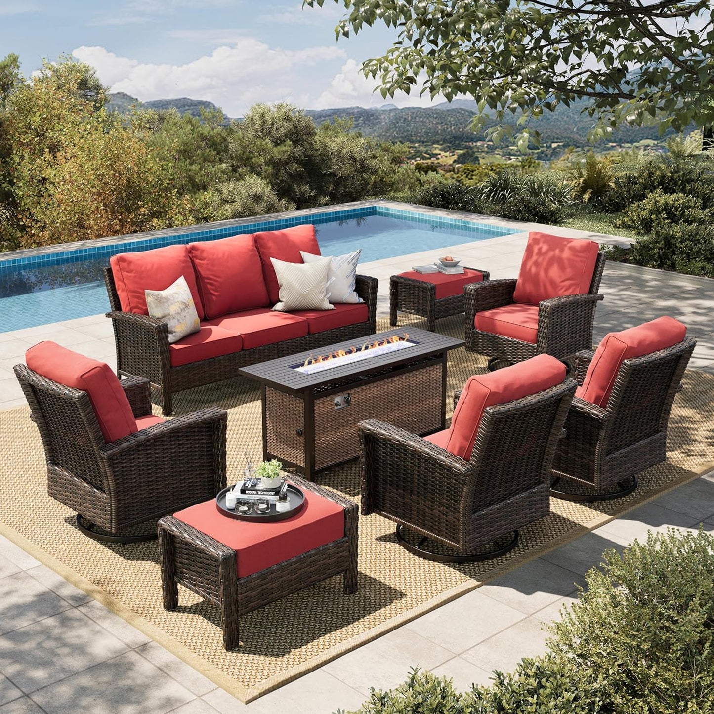 Luxury Patio Furniture Set with 5.5" Thick Cushion, Outdoor Wicker Conversation Set, 4 x High Back Swivel Patio Chairs with Tempered Glass Table, Waterproof 3-Seat Sofa for Deck Lawn Deck Yard, Beige